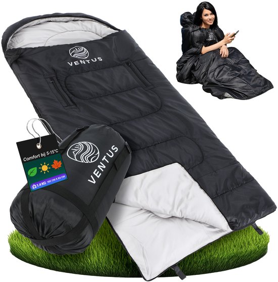 Ventus Slaapzak - Comfortzone 5 - 15 °C - 185 x 83 cm - Incl Compressiezak - Geschikt voor Volwassen en Kind - Mummy Sleeping Bag - Kamperen - Lichtgewicht - Koppelbaar 1 of 2 persoons - Zwart van Ventus