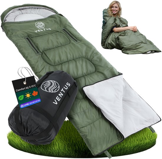 Ventus Slaapzak - Comfortzone 5 - 15 °C - 220 x 83 cm - Incl Compressiezak - Geschikt voor Volwassen en Kind - Mummy Sleeping Bag - Kamperen - Lichtgewicht - Koppelbaar 1 of 2 persoons - Groen van Ventus
