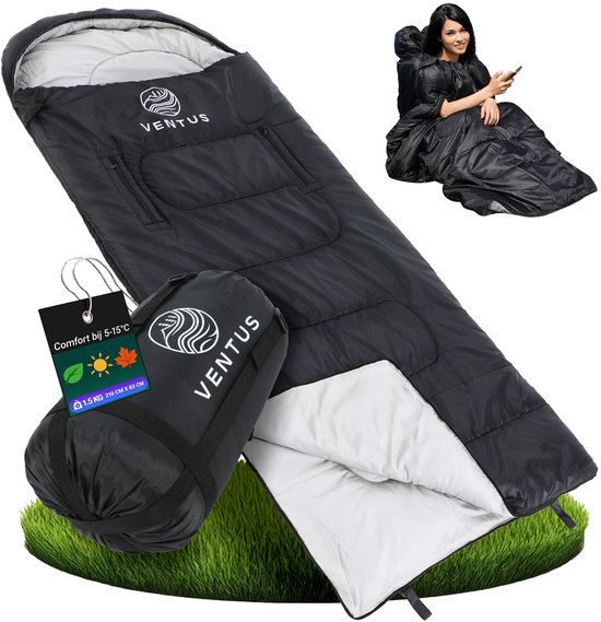 Ventus Slaapzak - Comfortzone 5 - 15 °C - 220 x 83 cm - Incl Compressiezak - Geschikt voor Volwassen en Kind - Mummy Sleeping Bag - Kamperen - Lichtgewicht - Koppelbaar 1 of 2 persoons - Zwart van Ventus