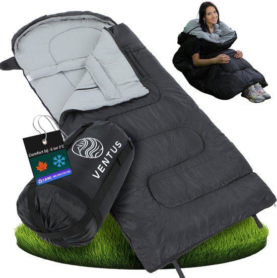 Ventus Slaapzak - Comfortzone -5 tot 5 °C - 185 x 83 cm - Incl Compressiezak - Geschikt voor Volwassen en Kind - Mummy Sleeping Bag - Kamperen - Lichtgewicht - Koppelbaar 1 of 2 persoons - Zwart van Ventus