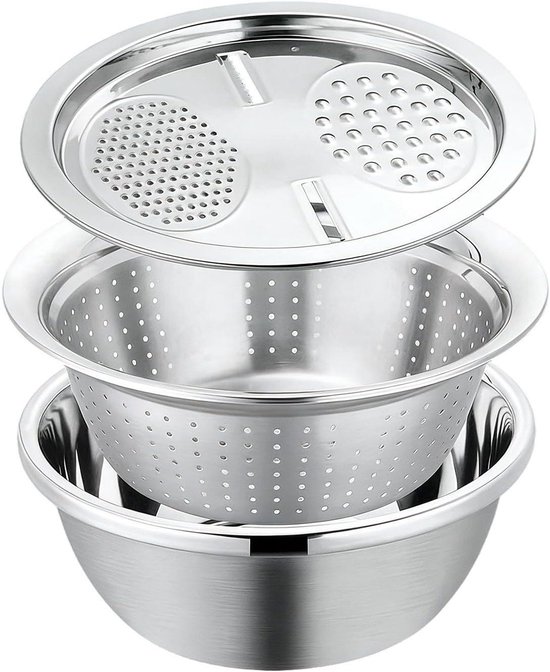 Vergiet Set - Fruitwasbak Rasp - Maaltijd Voorbereiding - Ruimtebesparend Stapelontwerp - 27 cm Diameter - Zilver