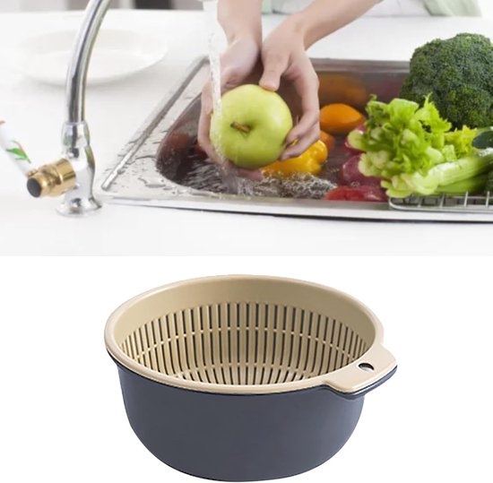Vergietset Dubbellaags - Keukenzeef Fruitmand - Groenten Fruit Wassen - Verdikt Duurzaam Plastic - 16x14x7 cm - Noords Blauw