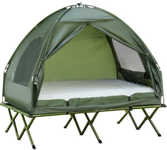 Verhoogd kampeerbed met koepeltent en luchtmatras inclusief pomp, taft‑stof, groen, 193 x 136 x 178 cm voor buitenavonturen