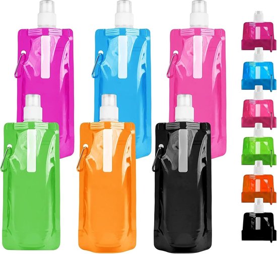 Verpakking van 6 opvouwbare waterflessen, 460 ml opvouwbare waterfles, 6 kleuren, herhaalbare BPA-vrije waterfles met clip voor buitensporten, fietsen, wandelen, festivals