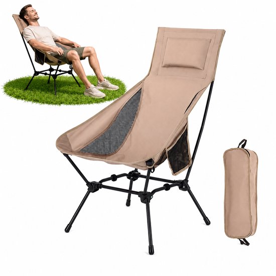 Verstelbare Campingstoel - Hoge Rugleuning met Hoofdkussen - 2 Hoogte-instellingen (90cm & 75cm) - Incl opberghoes - 58 x 74 x 90 cm - Max 120kg - Khaki