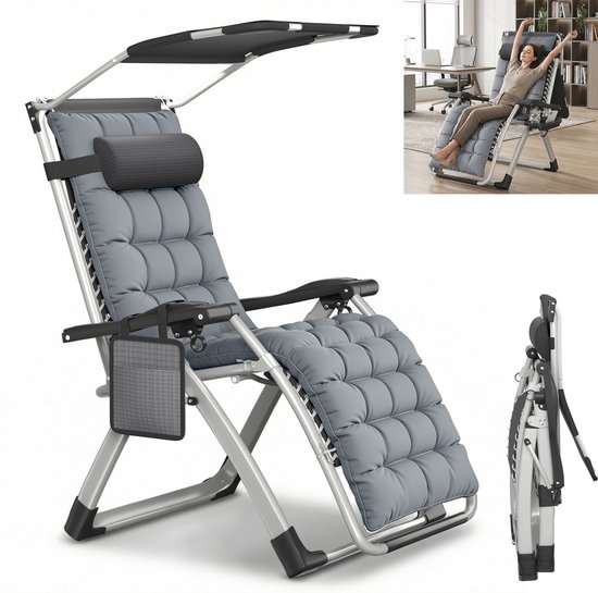 Verstelbare ligstoel – Grijs – inklapbare tuinstoel 90°–170° – tot 160 kg belastbaar – met zijtas & optioneel zonnescherm – campingstoel relaxstoel voor tuin, balkon & camping van Merkloos