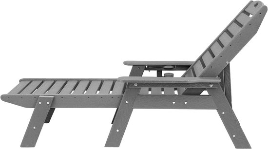 Verstelbare ligstoel voor buiten, draagvermogen 180 kg, 6 ligstanden, duurzaam HDPE-ontwerp met rugleuning en bekerhouder, ideaal voor bij het zwembad, op het terras, in de achtertuin en op het gazon, grijs