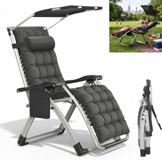 Verstelbare ligstoel – Zwart – inklapbare tuinstoel 90°–170° – tot 160 kg belastbaar – met zijtas & optioneel zonnescherm – campingstoel relaxstoel voor tuin, balkon & camping van Merkloos