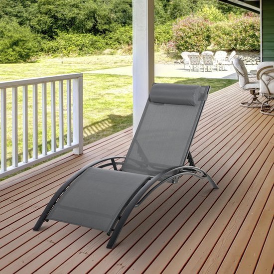 Verstelbare Lounger met Rugleuning en Afneembare Hoofdkussen - Grijze Aluminium Stoel - Tuinstoel voor Terras, Balkon en Zwembad