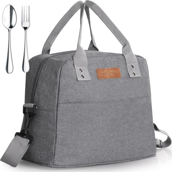 Verstelbare Riem Brede Open Koeltas - Waterdichte Lekvrije Lunchtas met Vork en Lepel - Herbruikbare Geïsoleerde Lunch Tas voor Outdoor Picknick School Werk - Grijs van VER