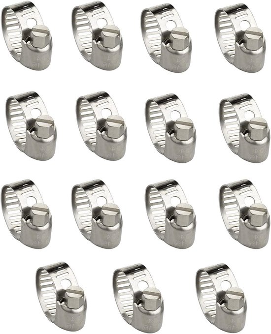 Verstelbare RVS Slangklemmen voor Diverse Toepassingen - 15-pack (10-16mm) voor Slangen, Buizen en Slangenbevestiging