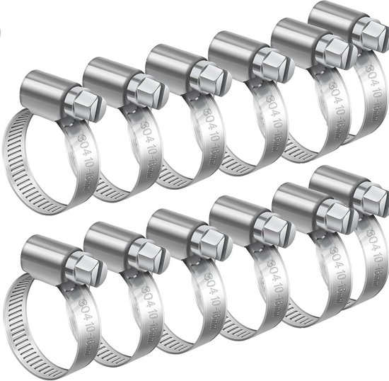 Verstelbare Slangklemmen Set van 12 Stuks, RVS 304, Roestvrij, Voor Beveiliging van Slangen en Buizen, 10-16mm