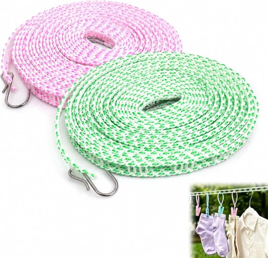 Verstelbare winddichte waslijn met haken - 16 m antislip waslijn voor camping, tuin en vakantie (groenblauw-wit, roze-wit)