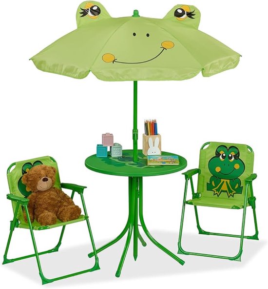 Verte Kinder Picknicktafel - Kindertuinmeubelset met Parasol - Lieveheersbeestje - 2 Klapstoelen en Een Tafel - Kamperen - Kindertuinmeubelset - Groen van verte