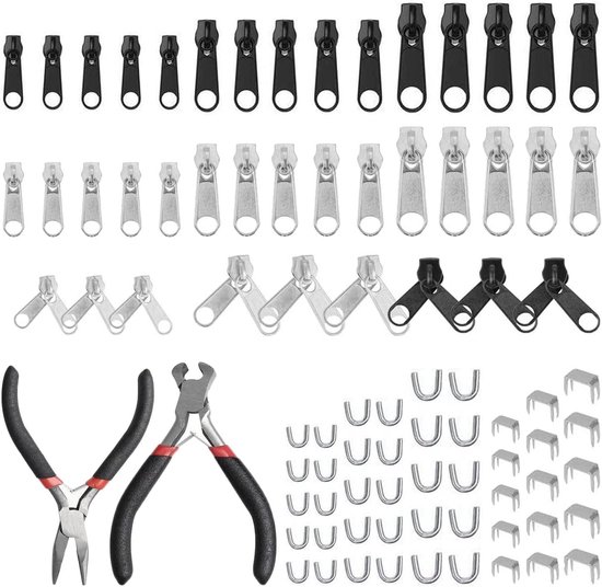 Vervangende Ritsset - Ritsreparatie Onderdelen - Kleding Repareren - 86 Delige Set - 19 x 14 cm - Zwart Zilver van Merkloos