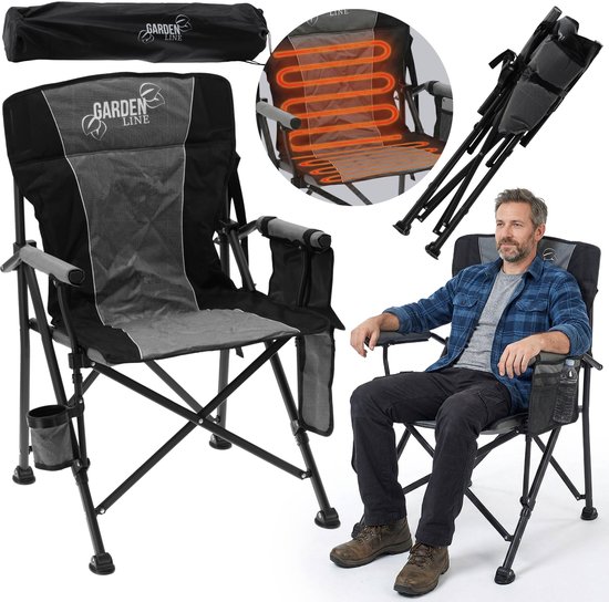 Verwarmde campingstoel, opvouwbare vissersstoel 58x58x90 cm met bekerhouder + hoes