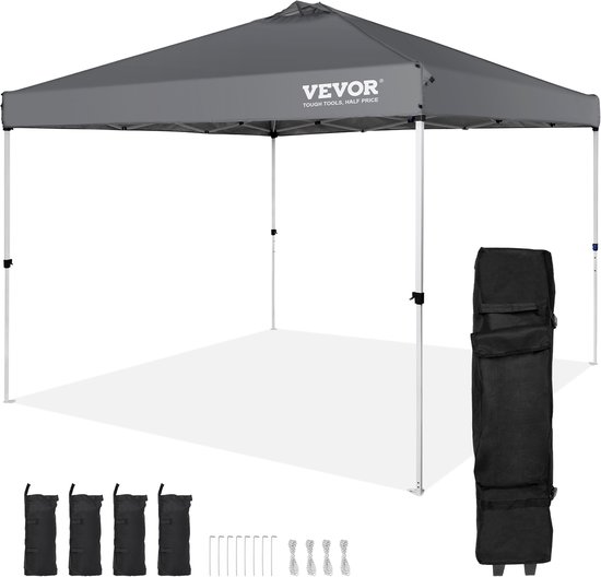 VEVOR 304.8 x 304.8 cm Draagbare Pop-Up Luifeltent, UPF 50+ Uv-Bescherming En CPAI-84 Vlamvertragende Bescherming Met Een 250D Pu Zilvercoating, Versterkt Frame, Met Een Opbergtas Op Wielen, Biedt Aan 6-8 Personen, Donkergrijs van Vevor