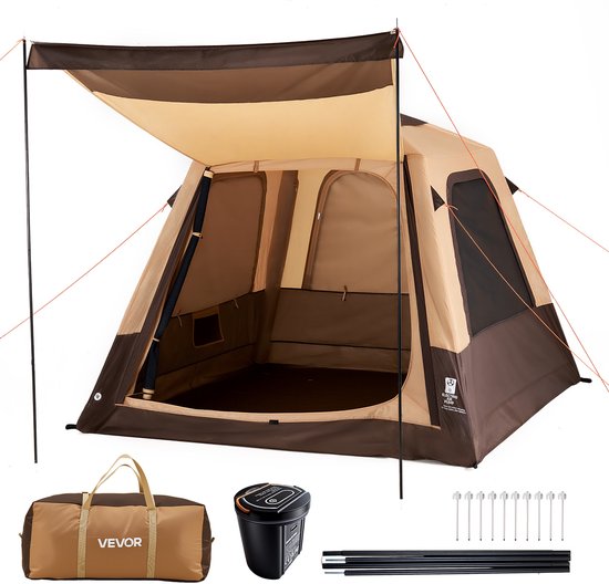 VEVOR 4-Persoons Campingtent, Opblaasbare Familietent met Oplaadbare Pomp, Tpu-Luchtslang en 5 Gaasramen, Cabinetent met Draagtas voor Gezinskamperen en Wandelen, Beige