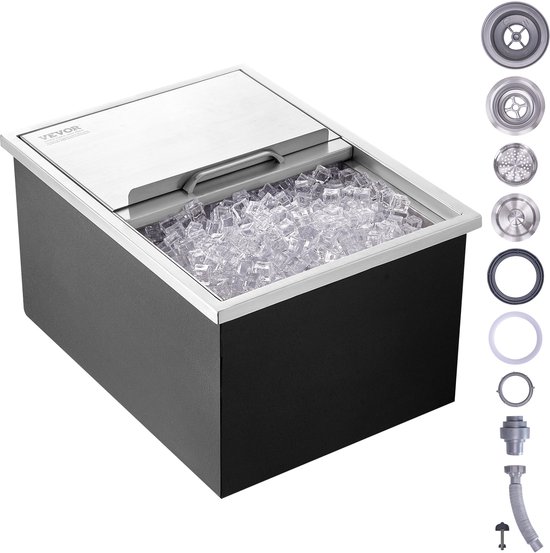 VEVOR 55,23 Liter Drop-In Ijsbox, 608x457x333mm Roestvrijstalen Ijskoeler, CommerciëLe Ijscontainer met Schuifdeksel, Ingebouwde Ijsopslagkist, Afvoerpijp en Aftapplug Inbegrepen van Merkloos