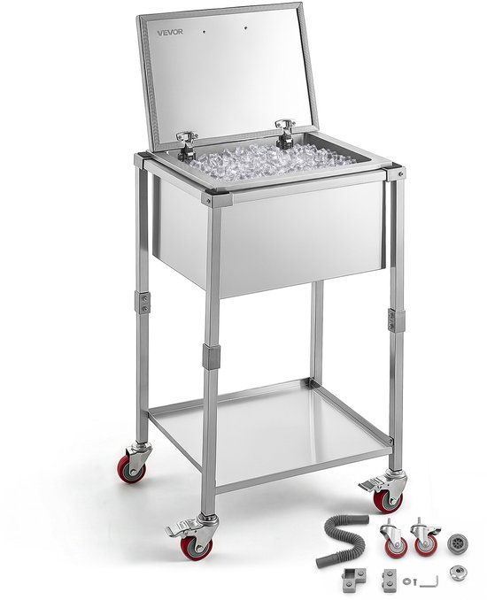 VEVOR 56,4 L Roestvrijstalen Koelwagen met Scharnierend Deksel en Wielen voor Dranken, Staand Model, Drankkar met Plank, Drankkoeler Op Wielen, 558 X 455 X 1003 mm, voor Terras, Tuinfeesten en Bars