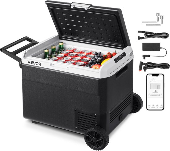 VEVOR 60L Elektrische Compressor Koelbox, 12/24V DC & 100-240V AC Draagbare Autokoelbox met Wielen en Handvat, Vriest tot -20°C, Minikoelkast voor Auto, Camper, Vrachtwagen, Camping en Buitengebruik