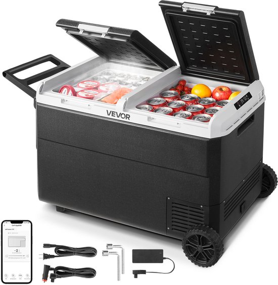 VEVOR 95L Elektrische Compressor Koelbox, 12/24V DC & 100-240V AC Draagbare Autokoelbox met Wielen en Handvat, Vriest tot -20°C, Minikoelkast voor Auto, Camper, Vrachtwagen, Camping en Buitengebruik