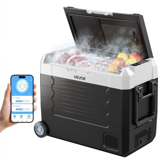 VEVOR Auto-Koelkast, DC 12/24V AC100-240V Compressor Elektrische Koeler, -20°C tot 20°C Vrachtwagenkoelkast met App-Bediening, Wielen & Dubbele Zone, 45L Auto-Koeler voor Rvs, Boten, Kampen, Vissen