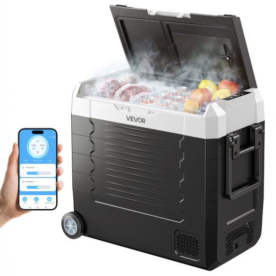 VEVOR Auto Kofferklimaatregelaar, DC 12/24V AC100-240V Compressor Elektrische Cooler, -20°C tot 20°C Truck Klimaatorgeel met APP Besturing, Riem & Dubbele Zone, 55L Auto Cooler voor RVs, Boten, Camping, Visschen