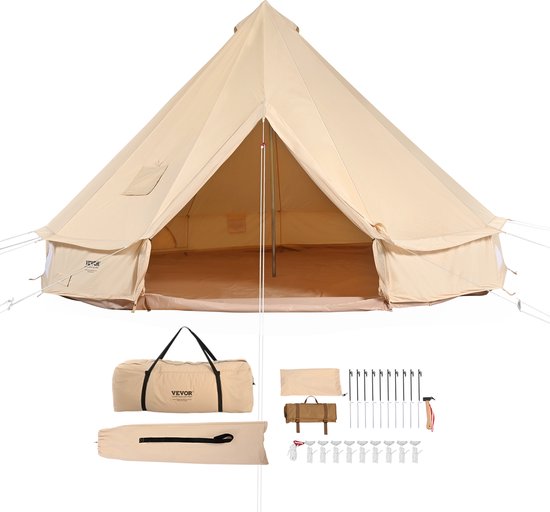 VEVOR bell tent 3 x 2 m yurt tent TC katoen en stevige ijzeren palen met een PVC grondzeil kampeertent 4 persoons familietent 8 ramen groepstent voor buitenavonturen van VEVOR