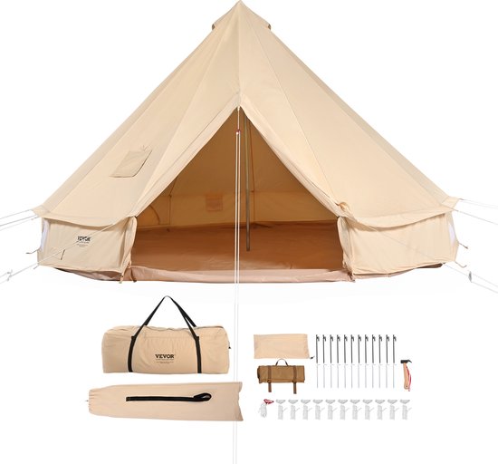 VEVOR Bell Tent 4 x 2,5 m Yurttent TC Katoen en zware ijzeren palen met een PVC grondzeil Campingtent 6-persoons familietent 8 ramen Groepstent voor buitenavonturen van Merkloos