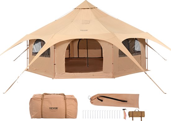 VEVOR Bell Tent 5 X 2,8 M Yurttent Tc Katoen en Zware Ijzeren Palen Met Een Oxford-Doek Grondzeil Campingtent 8-Persoons Familietent 8 Raamgroeptent voor Buitenavonturen