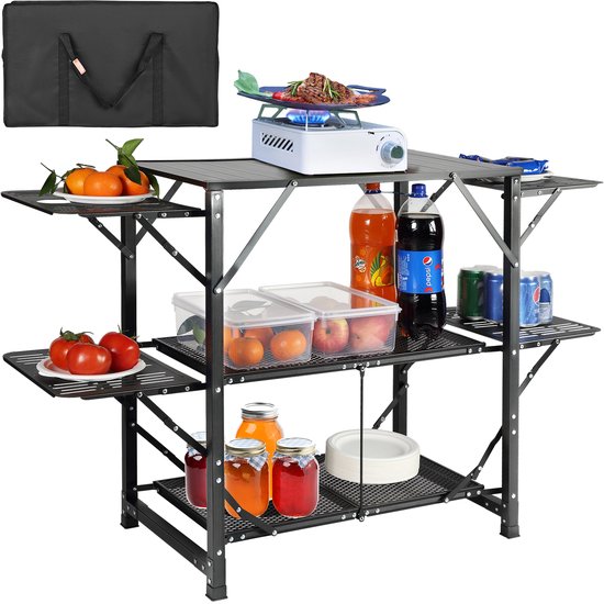 VEVOR Camping Keukentafel Aluminium Opvouwbaar Draagbaar Outdoor Kookstation met 4 Ijzeren Zijkanten 2 Planken en Draagtas Snelle Installatie voor Picknick, BBQ, Strand, Reizen van Vevor