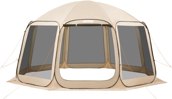VEVOR Campingtent, 457,2 x 420,6 x 245 cm, feesttent voor 12-15 personen, pop-up tent, incl. draagtas, gaaswanden en haringen, voor tuin, terras en buitenactiviteiten, beige van Merkloos
