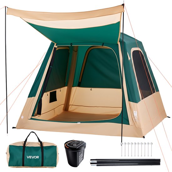 VEVOR Campingtent voor 4 Personen, Opblaasbare Familietent met Oplaadbare Pomp, Tpu-Luchtslang en 5 Gaasramen, Cabinetent met Draagtas voor Gezinskamperen en Wandelen, Groen