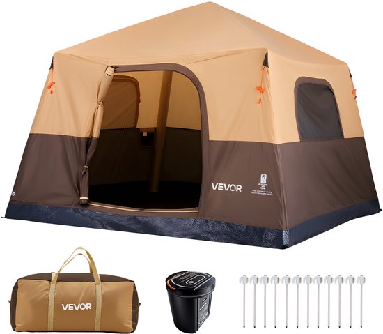VEVOR Campingtent voor 6 Personen, Opblaasbare Familietent met Oplaadbare Pomp, Tpu-Luchtslang en 4 Gaasramen, Cabinetent met Draagtas voor Gezinskamperen en Wandelen, Beige