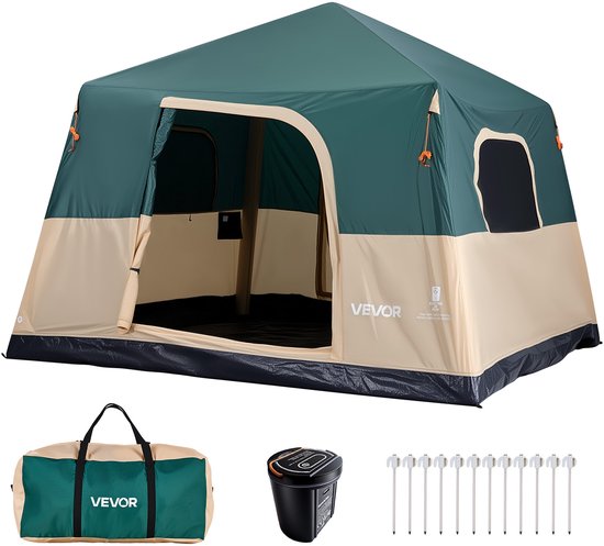 VEVOR Campingtent voor 6 Personen, Opblaasbare Familietent met Oplaadbare Pomp, Tpu-Luchtslang en 4 Gaasramen, Cabinetent met Draagtas voor Gezinskamperen en Wandelen, Groen