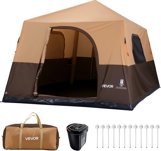 VEVOR Campingtent voor 8 Personen, Opblaasbare Familietent met Oplaadbare Pomp, Tpu-Luchtslang en 4 Gaasramen, Cabinetent met Draagtas voor Gezinskamperen en Wandelen, Beige