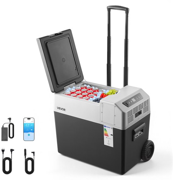 VEVOR Compressor Koelbox 40L, Autokoelkast met Handvat, App-bediening & Wielen, 12V/24V DC, 100–240V AC, -22°C tot 10°C, Elektrische Vriesbox voor Vrachtwagens, Bestelwagens, Campers, SUV's & Kamperen van Vevor