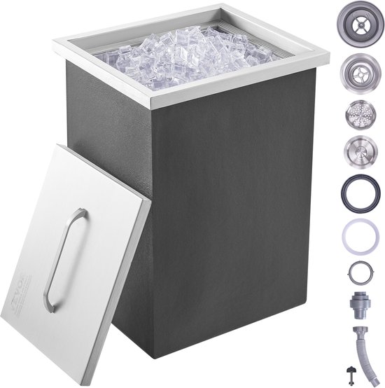 VEVOR Drop-In Ijsbox, Roestvrijstalen Ijskoeler van 25,3 Liter, CommerciëLe Ijscontainer van 355x305x461mm met Deksel, Ingebouwde Ijsopslagkist, Afvoerpijp en Aftapplug Inbegrepen