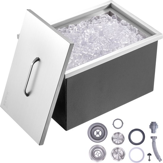 VEVOR Drop-In Ijsbox, Roestvrijstalen Ijskoeler van 43,5 Liter, CommerciëLe Ijscontainer van 558x430x306mm met Deksel, Ingebouwde Ijsopslagkist, Afvoerpijp en Aftapplug Inbegrepen