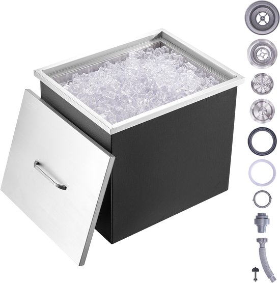 VEVOR Drop-In Ijsbox, Roestvrijstalen Ijskoeler van 77,9 Liter, CommerciëLe Ijscontainer van 532x430x458mm met Deksel, Ingebouwde Ijsopslagkist, Afvoerpijp en Aftapplug Inbegrepen