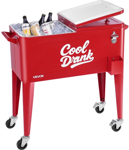 VEVOR Gekoelde Drankenwagen 75,71 L Tot 50 Flessen/110 Blikjes, Zijwagen voor Terrasfeesten met 4 Zwenkwielen (2 met Remmen) & Verzamelbox voor Deksels & Flesopeners, Drankenkoeler