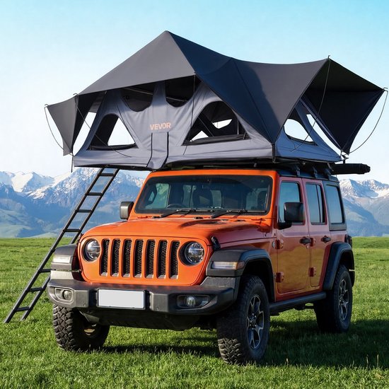 VEVOR Hard Shell Daktent voor 2-3 Personen, Opvouwbare Aluminium Kampeertent met Driekleurige LED-Verlichting, Dik Matras en 10 Ramen, Waterdicht en Winddicht, voor Jeep, SUV en Pick-Up