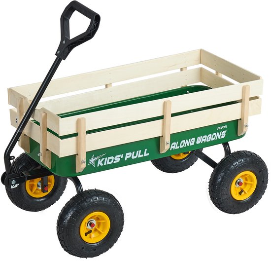 VEVOR Kinderhandkar, 102 CM, Transportkar met Duwstang, Gemaakt van Hout en Metaal, Max. 150 KG Draagvermogen, Ideaal voor Kinderen Vanaf 5 Jaar, voor In De Tuin, Uitstapjes en op Het Strand, Groen en Geel