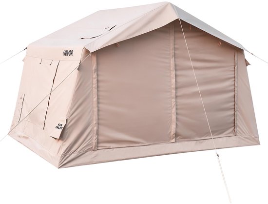 VEVOR Opblaasbare Glampingtent, Luchttent voor 3-5 Personen met Pomp, Beige, voor Buitenactiviteiten, Waterafstotend 420D Oxford-Stof, Dakraam, Opening voor Kachelpijp, Gaasraam & Draagtas