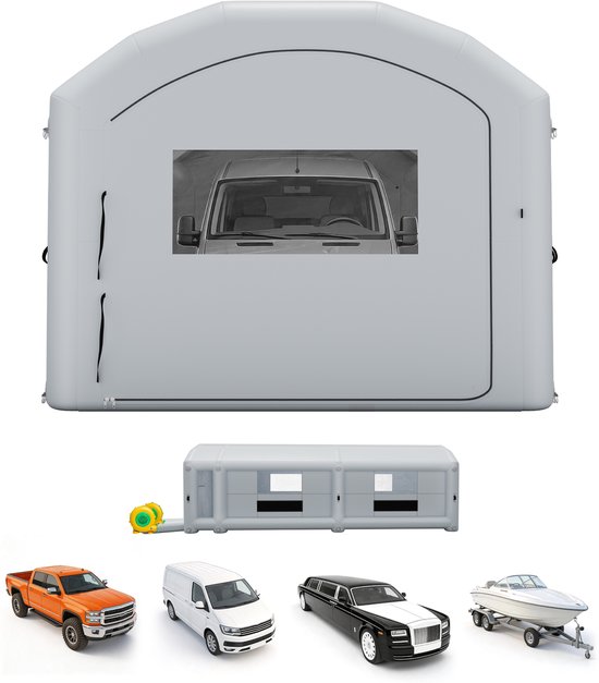 VEVOR Opblaasbare Spuitcabine 12x5x4 m Spuitcabine Verftent Grijs, met 950W & 1100W Blowers, Actieve Koolstoffiltratie, Kleedruimte, PVC Ramen voor Zware Pick-ups & Bestelwagens, Draagbaar