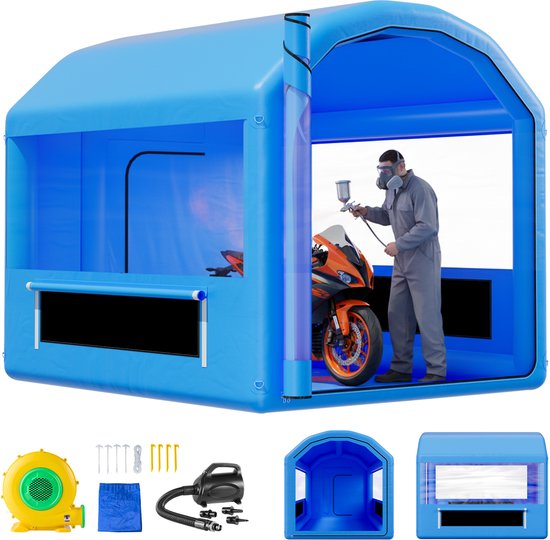VEVOR Opblaasbare Spuitcabine 3 x 2,6 x 2,6 m, Spuitcabine Tent met 550 W Blower & Luchtfiltersysteem, Rond Dak, PVC, Spuiten voor Metalen Onderdelen van Motorvoertuigen, Blauw