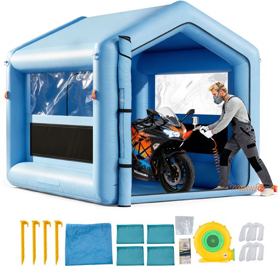 VEVOR Opblaasbare Spuitcabine 3 x 2,6 x 2,6M, Spuitcabine Tent met 550 W Blower & Luchtfiltersysteem & Transparant Venster, Driehoekig Dak, 210D Oxford Stof, Spuitverf Blauw