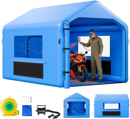 VEVOR Opblaasbare Spuitcabine 4 x 3 x 2,8 m, Spuitcabine Tent met 750 W Blower & Luchtfiltersysteem, Driehoekig Dak, PVC, Spuitverven voor Metalen Onderdelen van Motorvoertuigen van Vevor