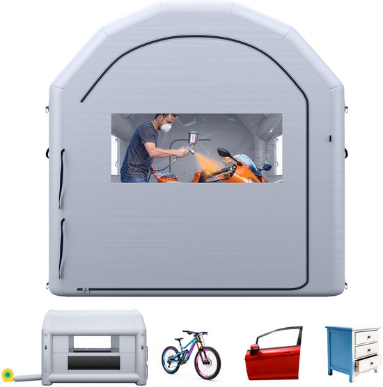 VEVOR Opblaasbare Spuitcabine 4x3x2,75 m Spuitcabine Verftent Grijs, met 750W Ventilator & Actieve Koolstoffiltratie, PVC Ramen, Gebogen Dak voor Fietsen, Motoren & Meubels, Draagbaar